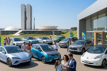 Cena ao ar livre em Bras&iacute;lia com ve&iacute;culos el&eacute;tricos na concession&aacute;ria e Congresso ao fundo, destacando lideran&ccedil;a de Bras&iacute;lia nas vendas de carros el&eacute;tricos.