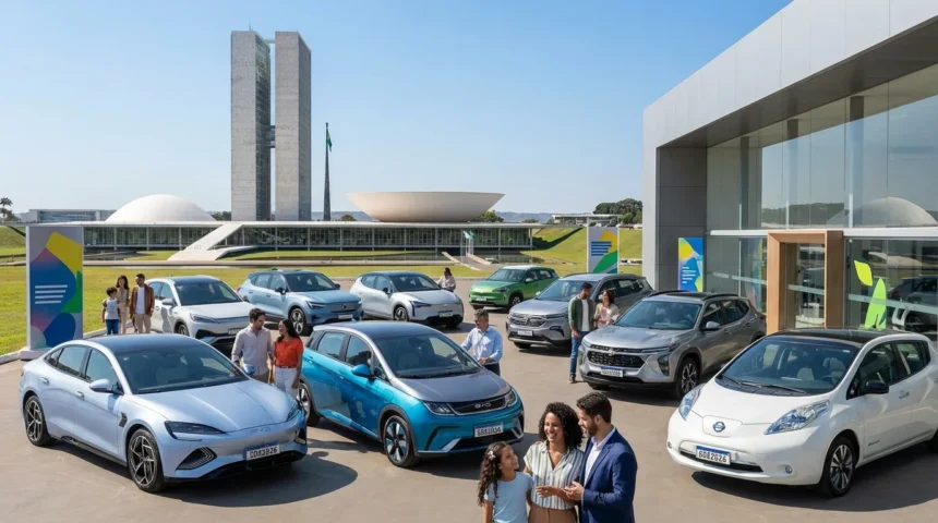Cena ao ar livre em Brasília com veículos elétricos na concessionária e Congresso ao fundo, destacando liderança de Brasília nas vendas de carros elétricos.