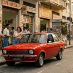 Imagem fotorealista de um Chevrolet Chevette vermelho na rua dos anos 1980, com detalhes históricos e atmosfera nostálgica, refletindo o tema 'chevette quanto custaria hoje'.