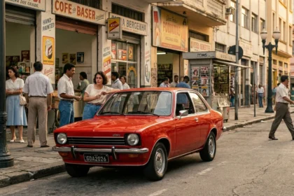 Imagem fotorealista de um Chevrolet Chevette vermelho na rua dos anos 1980, com detalhes hist&oacute;ricos e atmosfera nost&aacute;lgica, refletindo o tema 'chevette quanto custaria hoje'.