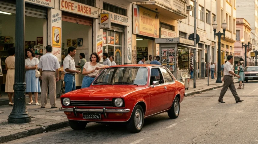 Chevette: quanto custaria hoje o ‘carro do povão’ quando corrigido pela inflação 1 Imagem fotorealista de um Chevrolet Chevette vermelho na rua dos anos 1980, com detalhes históricos e atmosfera nostálgica, refletindo o tema 'chevette quanto custaria hoje'.