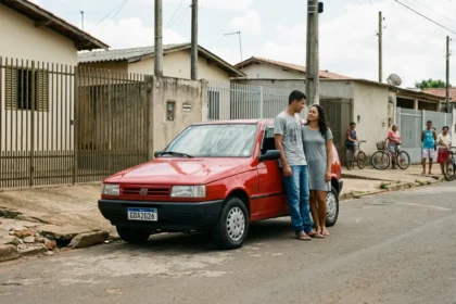 Casal jovem ao lado de um Fiat Uno Mille em bairro residencial brasileiro, ilustrando economia e rotina