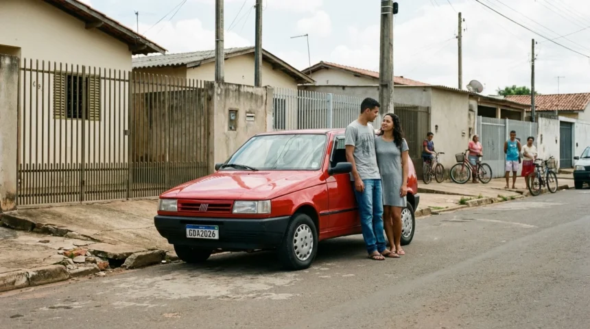 Ganha até um salário mínimo? 7 carros usados que cabem no orçamento sem virar dor de cabeça 1 Casal jovem ao lado de um Fiat Uno Mille em bairro residencial brasileiro, ilustrando economia e rotina