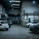 Imagem hiper-realista de concessionária com veículos parcialmente ocultos e movimentação silenciosa, refletindo que acontece carros não vendidos