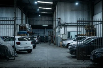 Imagem hiper-realista de concessionária com veículos parcialmente ocultos e movimentação silenciosa, refletindo que acontece carros não vendidos