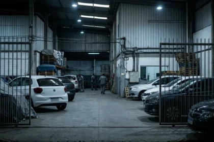 Imagem hiper-realista de concessionária com veículos parcialmente ocultos e movimentação silenciosa, refletindo que acontece carros não vendidos