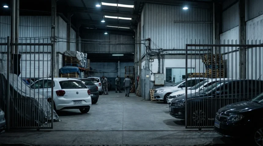 Imagem hiper-realista de concessionária com veículos parcialmente ocultos e movimentação silenciosa, refletindo que acontece carros não vendidos
