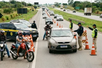Fiscalização policial na rodovia brasileira durante operação rodovida, com agentes, veículos e motociclistas em atenção máxima