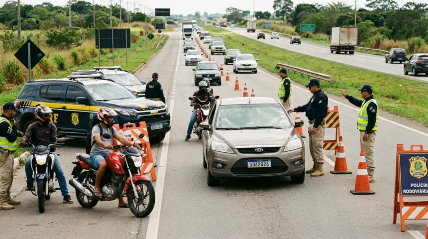 Fiscalização policial na rodovia brasileira durante operação rodovida, com agentes, veículos e motociclistas em atenção máxima