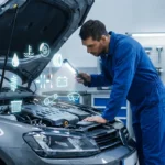 Imagem de uma revisão do carro antes de viajar, com técnico inspecionando o motor em oficina moderna, com destaque para segurança e manutenção.