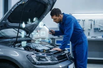 Imagem de uma revisão do carro antes de viajar, com técnico inspecionando o motor em oficina moderna, com destaque para segurança e manutenção.