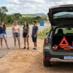 Carro estacionado com porta-malas aberto na estrada brasileira, com kit de emergência e viajantes ao fundo