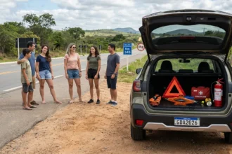 Carro estacionado com porta-malas aberto na estrada brasileira, com kit de emergência e viajantes ao fundo