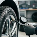 Roda dianteira esquerda de carro com calibragem pneu viagem, medidor de pressão, oficina limpa e ambiente preparado para viagem