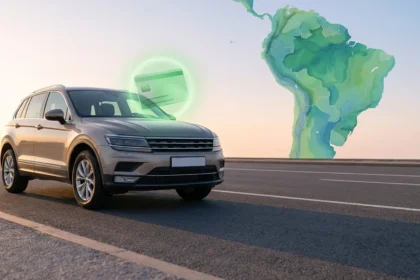 Cena com carta verde Mercosul flutuando ao centro, estrada e mapa estilizado do Mercosul ao fundo, destaque para segurança e confiança