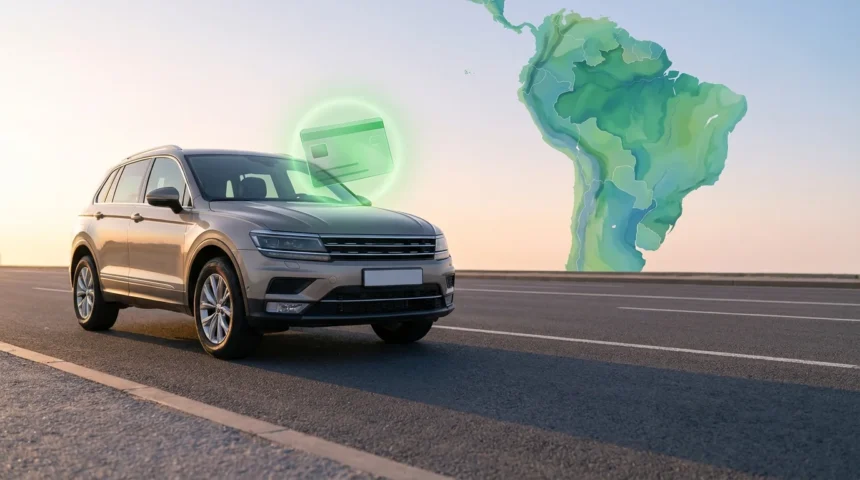 Cena com carta verde Mercosul flutuando ao centro, estrada e mapa estilizado do Mercosul ao fundo, destaque para segurança e confiança