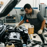 Imagem de manutenção automotiva com foco na escolha do óleo certo, mostrando motor aberto e ferramentas organizadas.