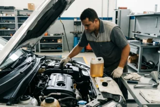 Imagem de manutenção automotiva com foco na escolha do óleo certo, mostrando motor aberto e ferramentas organizadas.