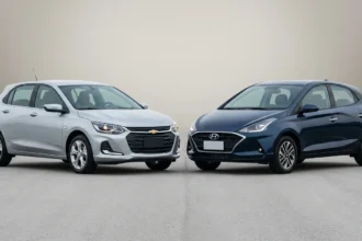 Cena frontal de Onix ou HB20 em cores prata e azul escuro em alta resolução, destacando linhas aerodinâmicas e LED, ideal para comparação.