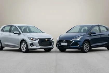 Cena frontal de Onix ou HB20 em cores prata e azul escuro em alta resolu&ccedil;&atilde;o, destacando linhas aerodin&acirc;micas e LED, ideal para compara&ccedil;&atilde;o.