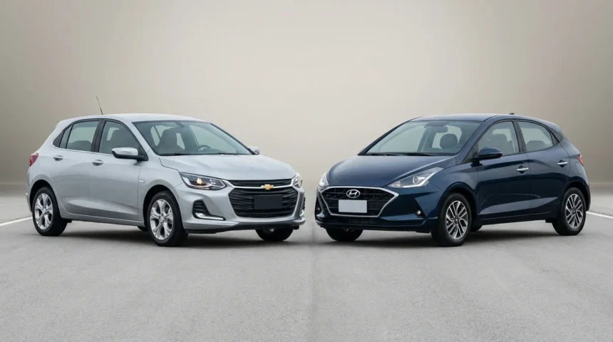 Cena frontal de Onix ou HB20 em cores prata e azul escuro em alta resolução, destacando linhas aerodinâmicas e LED, ideal para comparação.