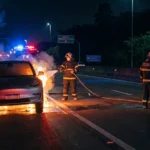 Carro elétrico em chamas com bombeiros atuando na rodovia à noite, cenário brasileiro relacionado a veículos elétricos pegam fogo.