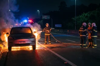 Carro elétrico em chamas com bombeiros atuando na rodovia à noite, cenário brasileiro relacionado a veículos elétricos pegam fogo.