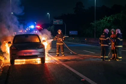 Carro el&eacute;trico em chamas com bombeiros atuando na rodovia &agrave; noite, cen&aacute;rio brasileiro relacionado a ve&iacute;culos el&eacute;tricos pegam fogo.