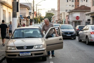 Idoso motorista entrando em carro na rua brasileira com trânsito moderado e cenário urbano cotidiano