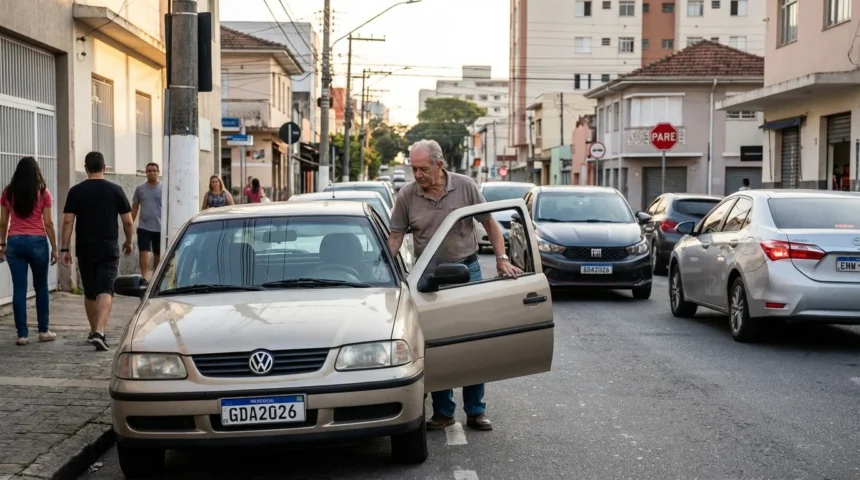 Idoso motorista entrando em carro na rua brasileira com trânsito moderado e cenário urbano cotidiano