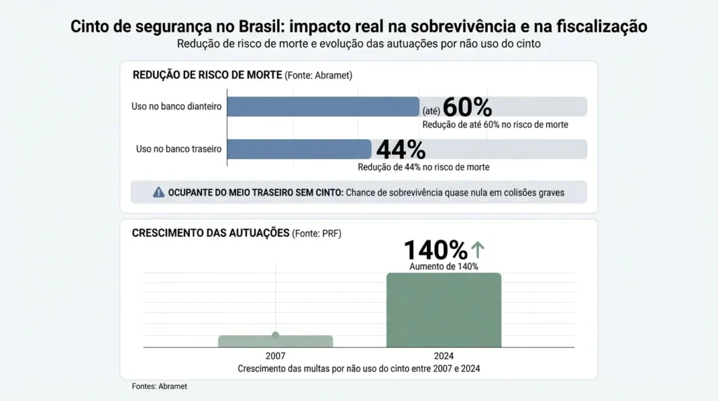 Gráfico jornalístico destacando redução de mortes e aumento das multas por cinto segurança férias abramet