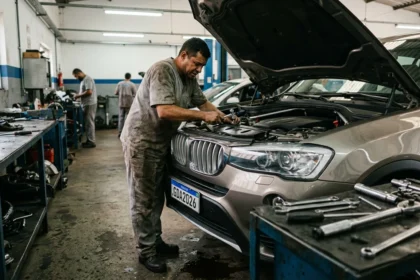 Imagem de oficina brasileira com foco em parafuso BMW cabe&ccedil;a formato em destaque na cena realista
