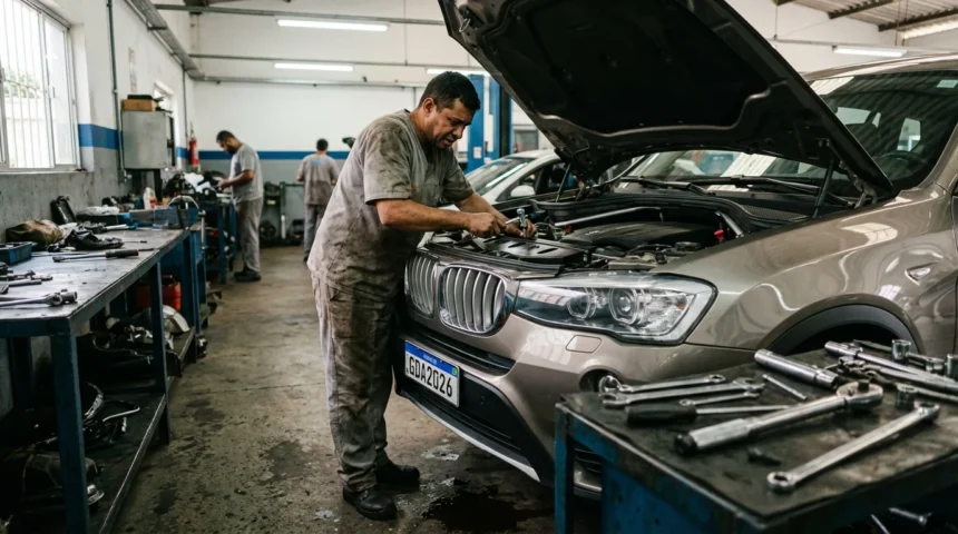 Parafuso da BMW com cabeça em formato do logo preocupa mecânicos e reacende debate sobre direito ao reparo 1 Imagem de oficina brasileira com foco em parafuso BMW cabeça formato em destaque na cena realista