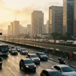 Cena de rua em São Paulo ao amanhecer, com veículos leves e caminhões na marginal, trabalhadores em movimento, promovendo rodízio carros São Paulo.