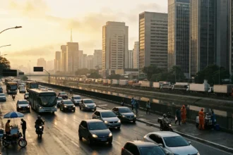 Cena de rua em São Paulo ao amanhecer, com veículos leves e caminhões na marginal, trabalhadores em movimento, promovendo rodízio carros São Paulo.
