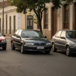 Imagem de carros antigos com placa preta 2026 Ford, retratando cena urbana brasileira ao entardecer.