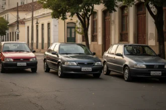 Imagem de carros antigos com placa preta 2026 Ford, retratando cena urbana brasileira ao entardecer.