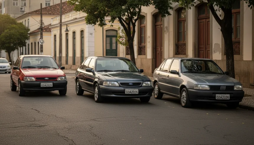 Imagem de carros antigos com placa preta 2026 Ford, retratando cena urbana brasileira ao entardecer.