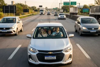 Imagem de uma família em carro no final da tarde na estrada brasileira, todos usando cinto de segurança na viagem segura Natal PRF