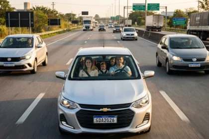 Imagem de uma fam&iacute;lia em carro no final da tarde na estrada brasileira, todos usando cinto de seguran&ccedil;a na viagem segura Natal PRF
