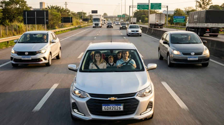 Imagem de uma família em carro no final da tarde na estrada brasileira, todos usando cinto de segurança na viagem segura Natal PRF