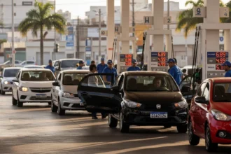 Posto de combustível com veículos flex abastecendo, preços de etanol em destaque, cenário realista de bomba de gasolina no Brasil