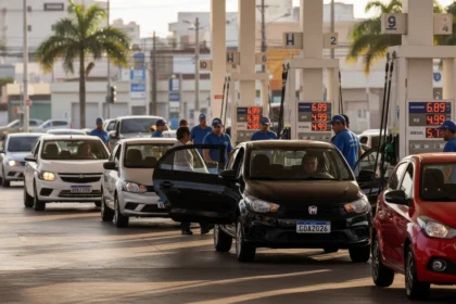 Posto de combust&iacute;vel com ve&iacute;culos flex abastecendo, pre&ccedil;os de etanol em destaque, cen&aacute;rio realista de bomba de gasolina no Brasil