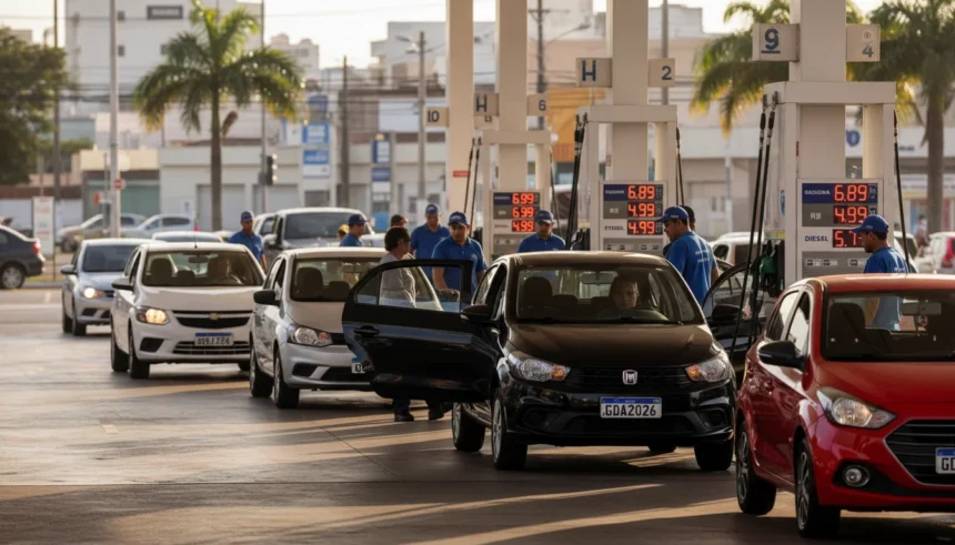 Posto de combustível com veículos flex abastecendo, preços de etanol em destaque, cenário realista de bomba de gasolina no Brasil