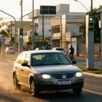 Imagem de rua em MS com carro em alta velocidade, radares, trânsito cotidiano e céu ao entardecer, destacando cnh suspensa 2025 quase.