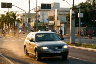 Imagem de rua em MS com carro em alta velocidade, radares, trânsito cotidiano e céu ao entardecer, destacando cnh suspensa 2025 quase.