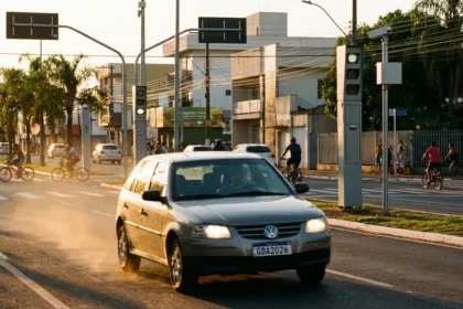 Imagem de rua em MS com carro em alta velocidade, radares, tr&acirc;nsito cotidiano e c&eacute;u ao entardecer, destacando cnh suspensa 2025 quase.