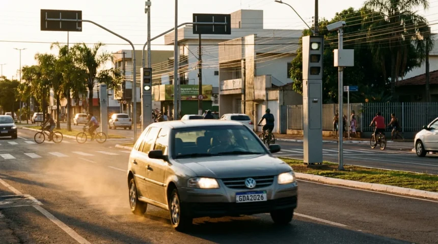 Imagem de rua em MS com carro em alta velocidade, radares, trânsito cotidiano e céu ao entardecer, destacando cnh suspensa 2025 quase.