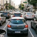Cena urbana brasileira com motoristas usando dispositivos digitais, simbolizando a digitalização do trânsito no Brasil