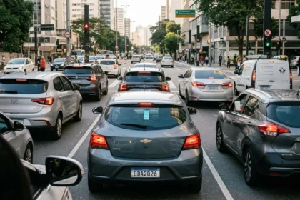 Cena urbana brasileira com motoristas usando dispositivos digitais, simbolizando a digitaliza&ccedil;&atilde;o do tr&acirc;nsito no Brasil